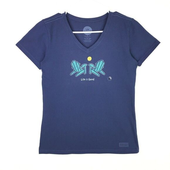Life is Good Crusher Tee Size XS Two Green Beach Lounge Chairs Classic Fit Blue - Picture 1 of 6
